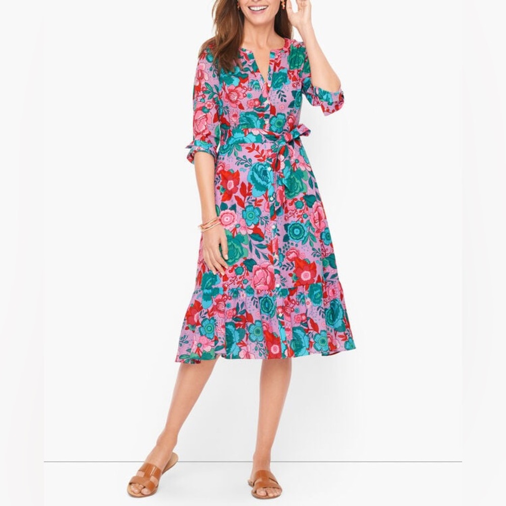 Talbots Floral Sketched Blooms Print Belted Shirt Dress - Size 4